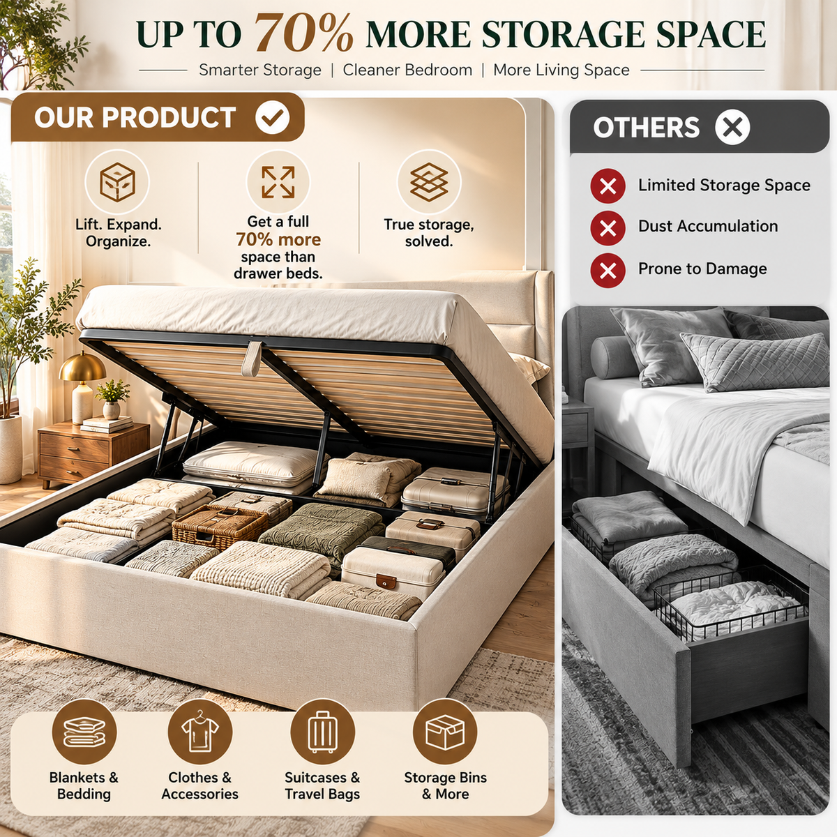 TREOZEN™ Hydraulic Lift-Up Storage Bed