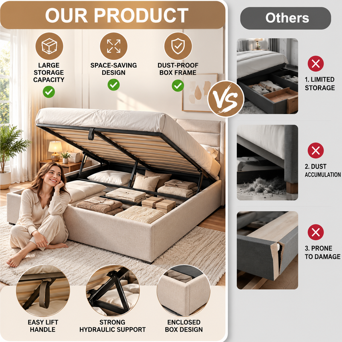 TREOZEN™ Hydraulic Lift-Up Storage Bed